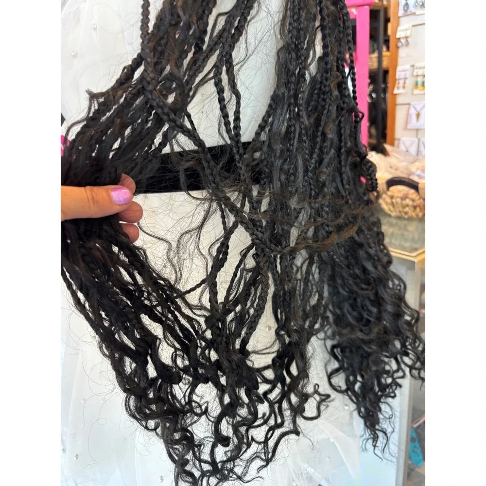 Black Braided Lace Front Wig Long Bohemian Box Braids Curly Ends 34 In Glueless
